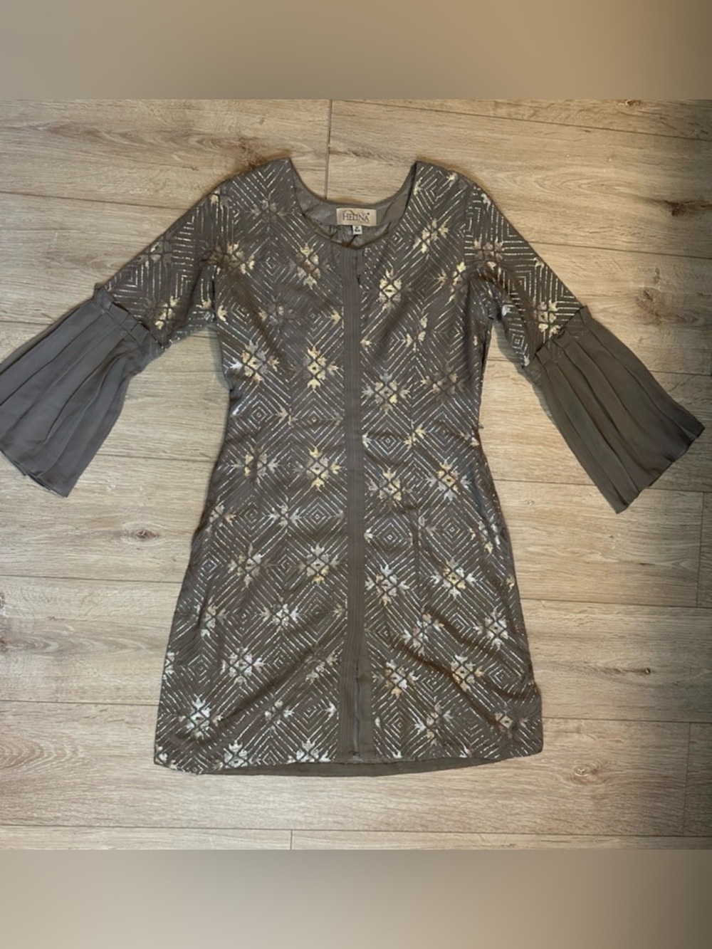 Helina- Embroidered brown Gold Long Tunic w/ Pleated Bell Sleeves